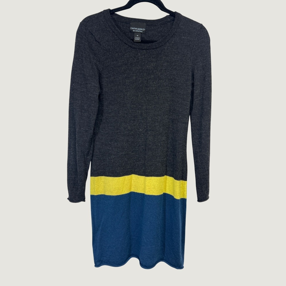 Cynthia Rowley Sweater Dress Womens M Grey Yellow Stripe Merino Wool‎ Colorblock